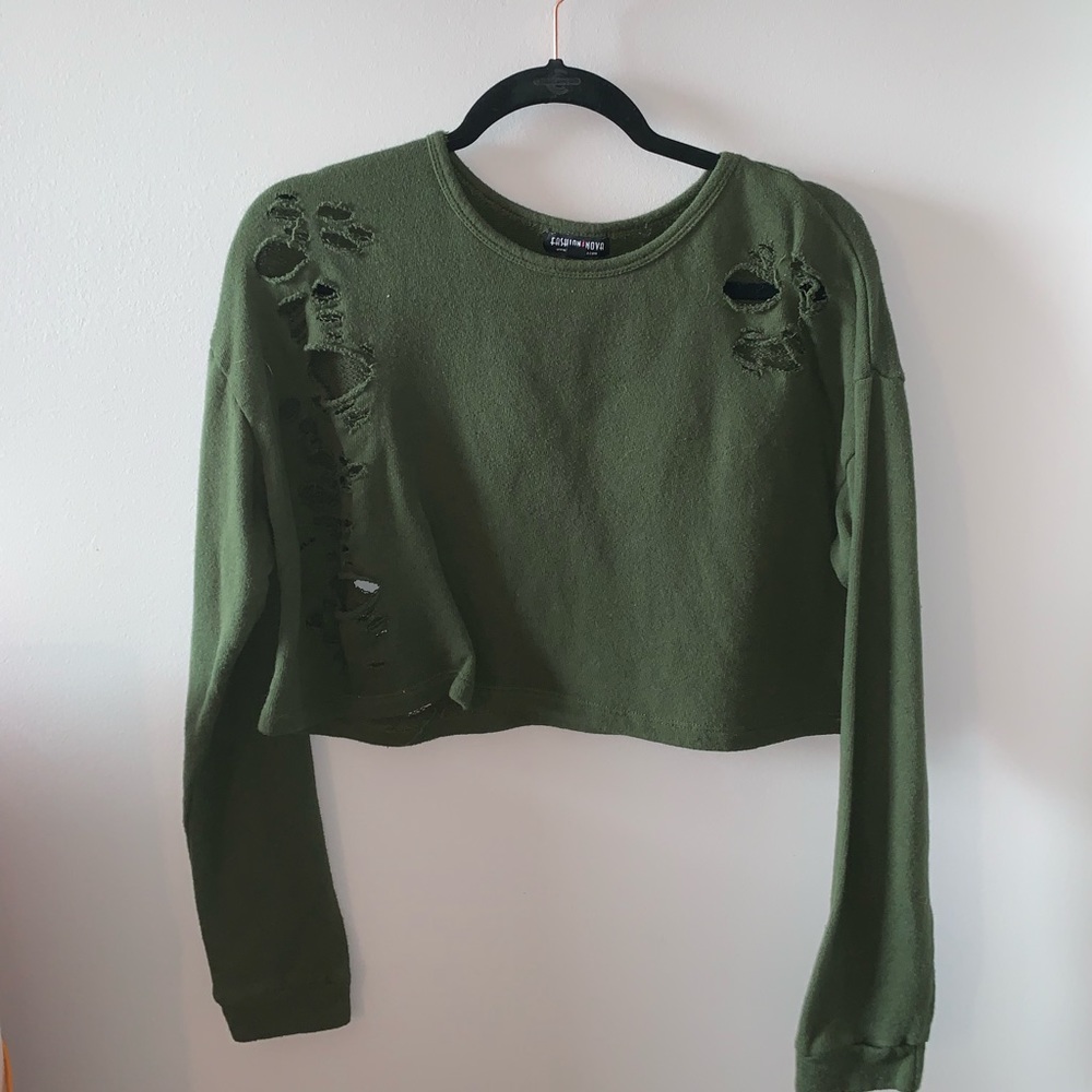 army green distressed crop top